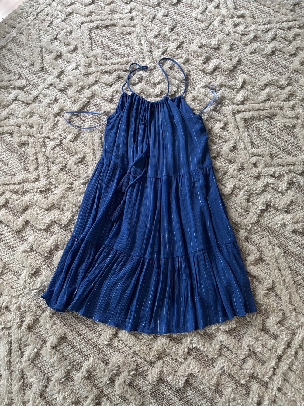 Aqua Royal Blue Tiered Spaghetti-Strap Sundress with Shimmer